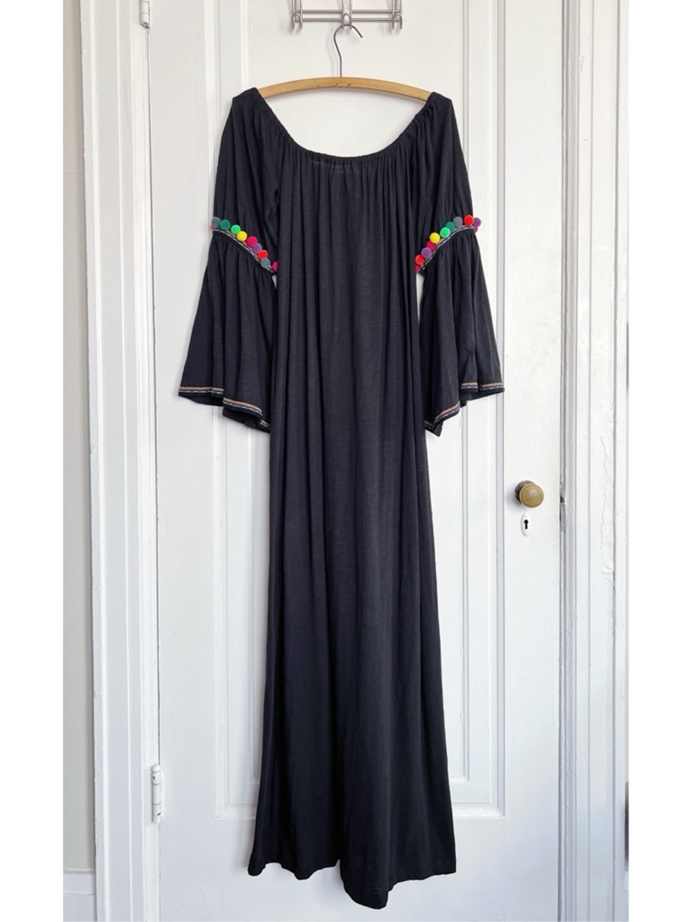 pitusa • Gypsy Dress black maxi kaftan cover up pom pom embroidered off shoulder - Picture 8 of 8